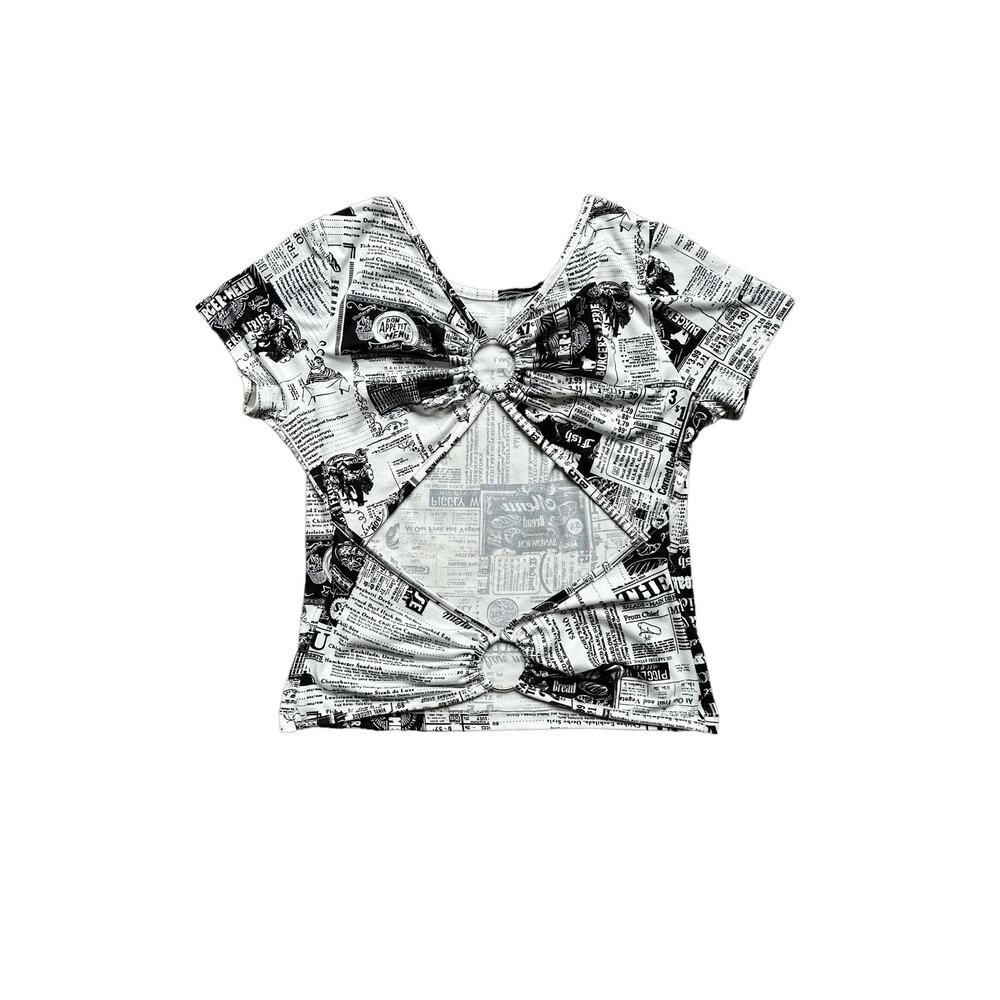 Open back Newspaper print Y2K unique shirt for woman